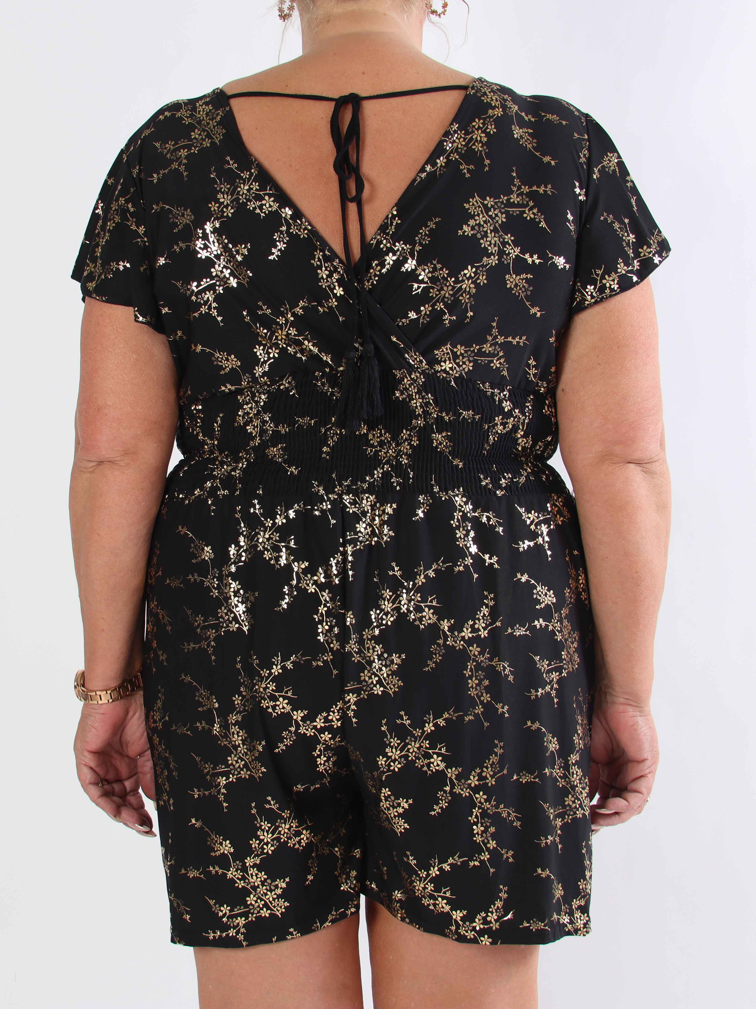 Pams Gold Playsuit - Elastisk plus size buksedragt med guld print